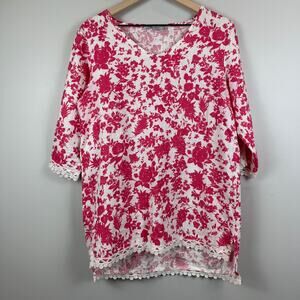 Elena Baldi Top Women's Medium Pink White Floral 100%‎ Linen Crochet Lace Blouse